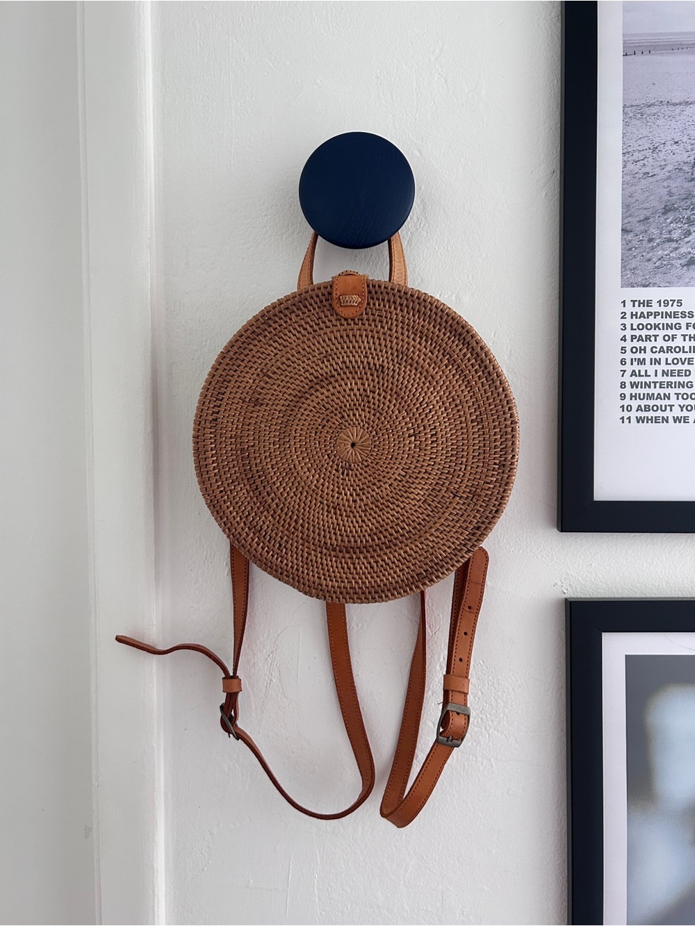 Round Woven Straw Backpack in Brown